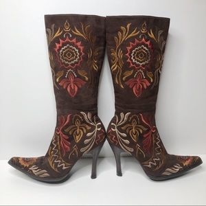 Go Max Brown Embroidered High Heel Zip Up Boots